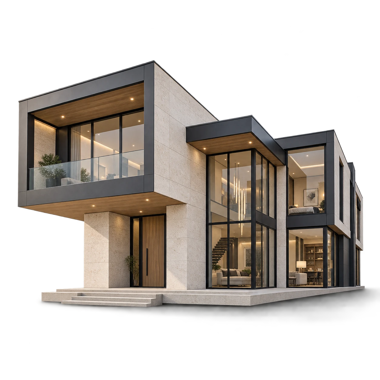 Aria residence with cantilevered glass rooms and warm interior lighting