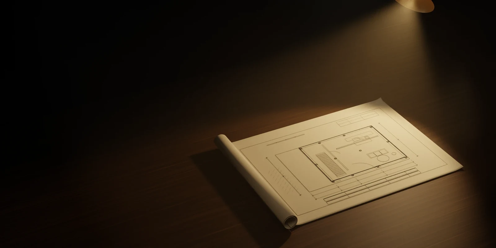Architectural blueprint on a warmly lit desk