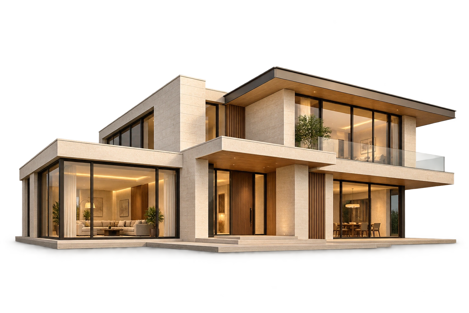 Modern two-storey residence with limestone walls and warm timber details